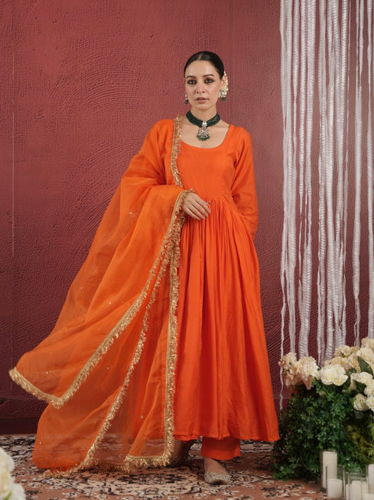 CHAAND ORANGE SILK GATHERED AARIWORK SUIT SET