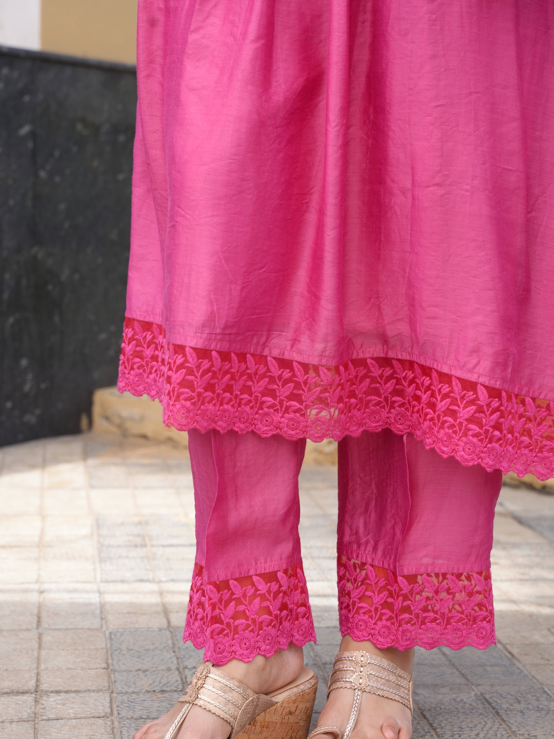 Rose Pink Floral Handwork Chanderi Kurta Set