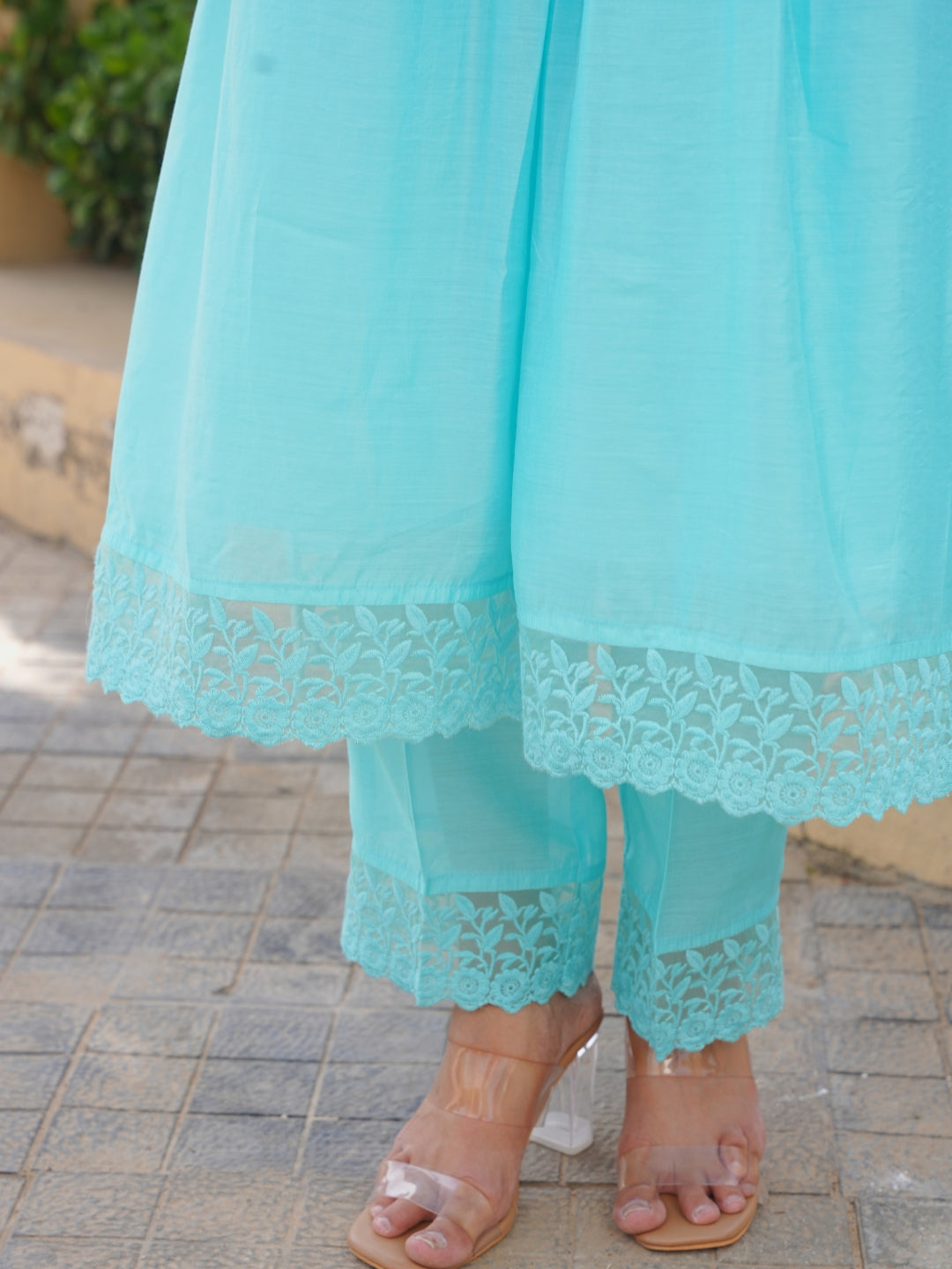 Aqua Blue Floral Handwork Chanderi Kurta Set