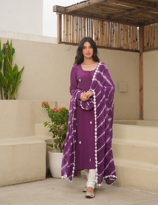Purple Silk Embroidered Leheriya Suit Set