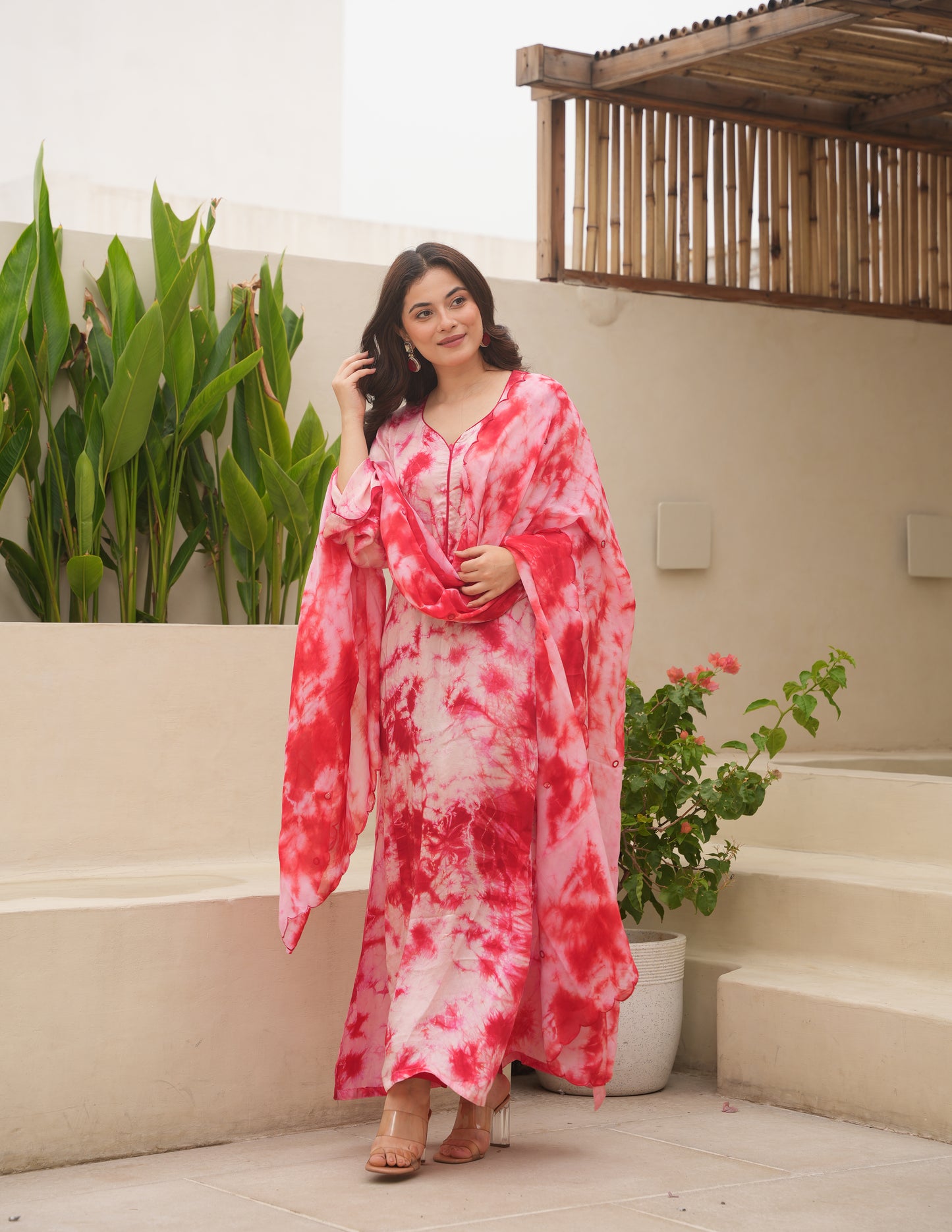 Red Silk Shibori Mirror Work Staright Suit Set
