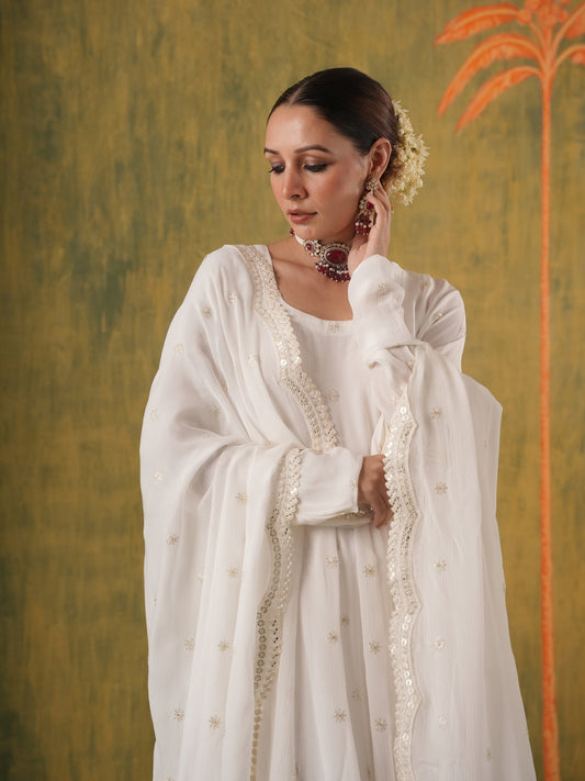 Zeenat White Embroidered Anarkali Set