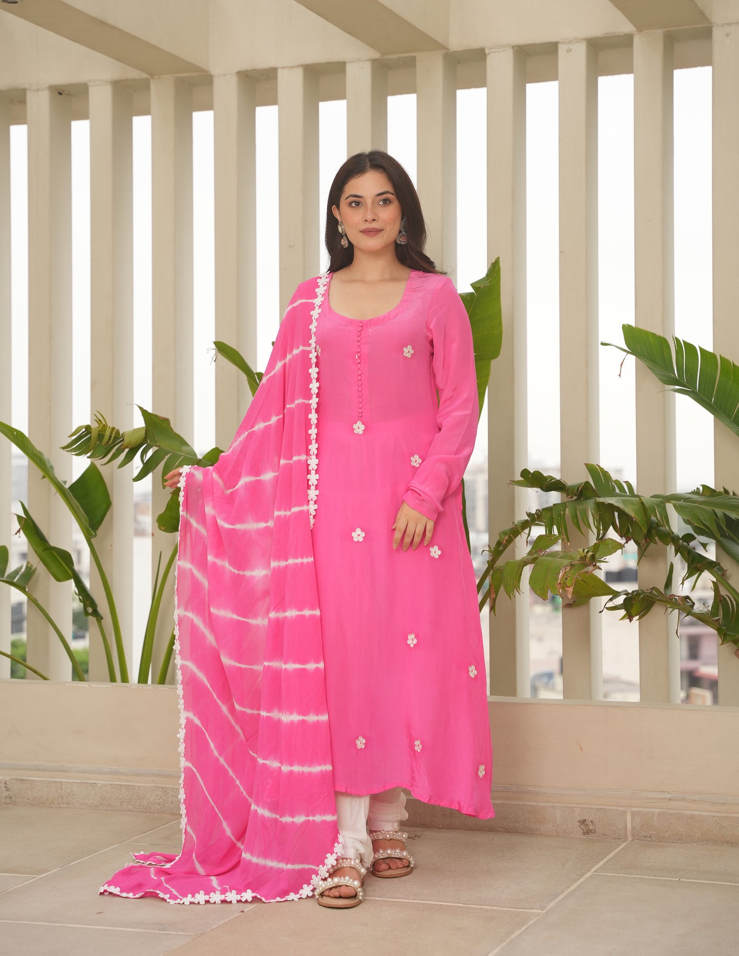 Pink Silk Embroidered Leheriya Suit Set