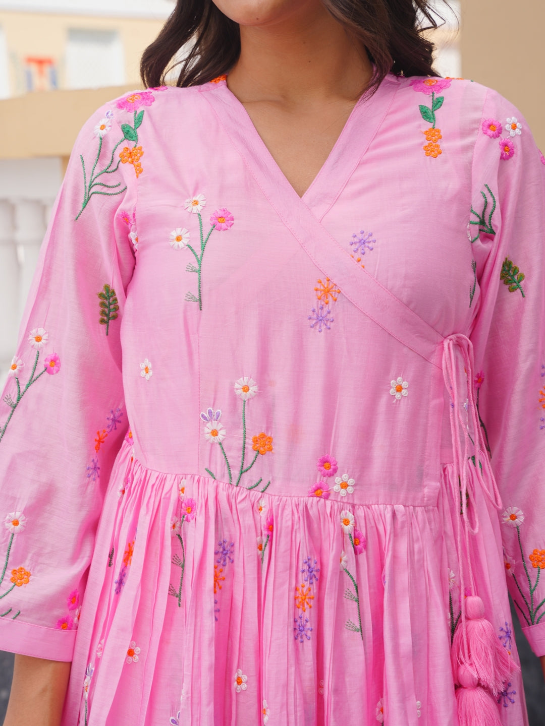 Pink Daisy Chanderi Angrakha Kurta Set