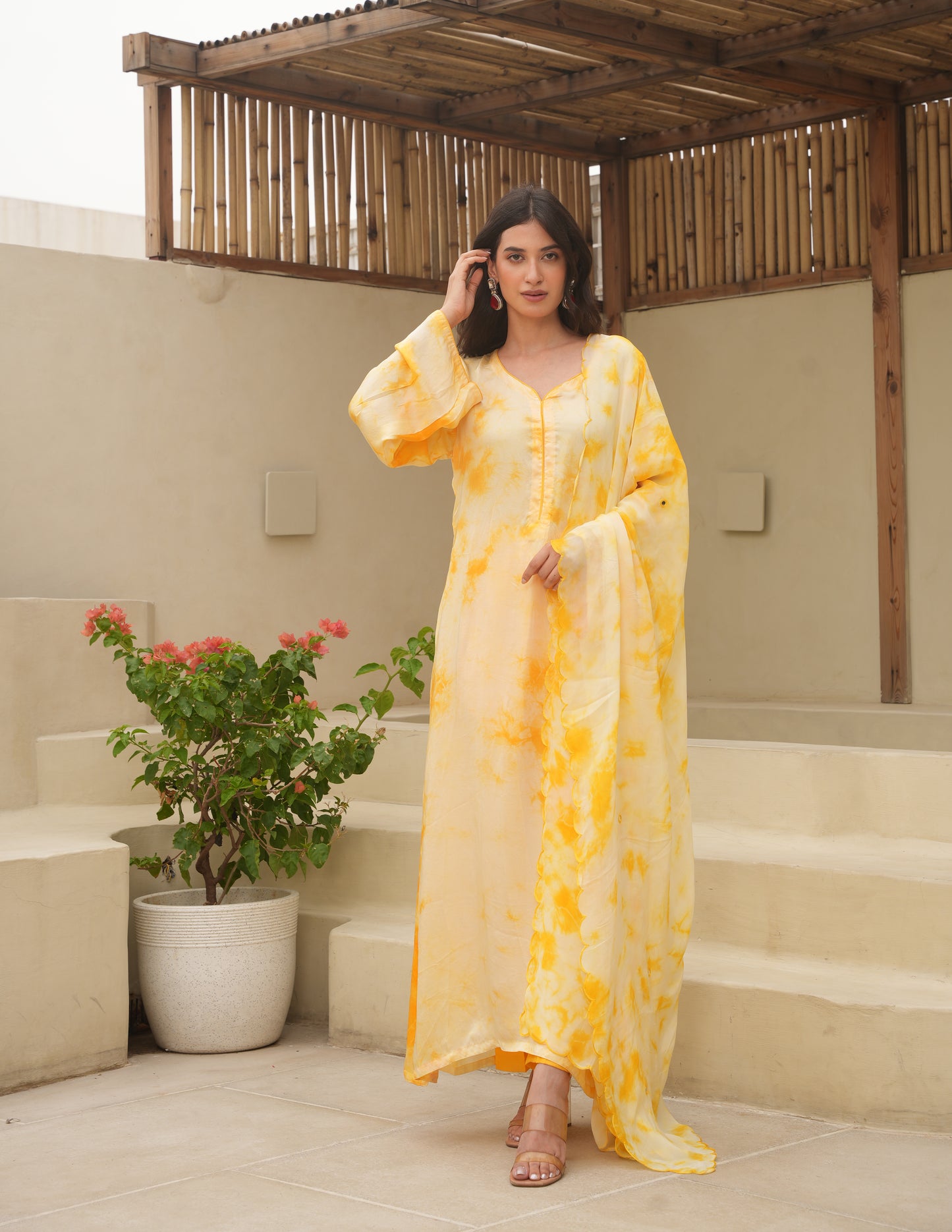 Yellow Silk Shibori Mirror Work Staright Suit Set