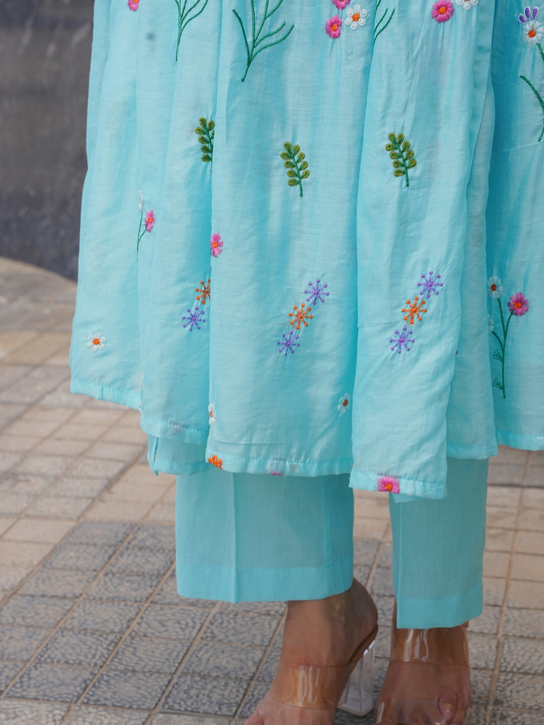 Aqua Blossom Chanderi Angrakha Kurta Set