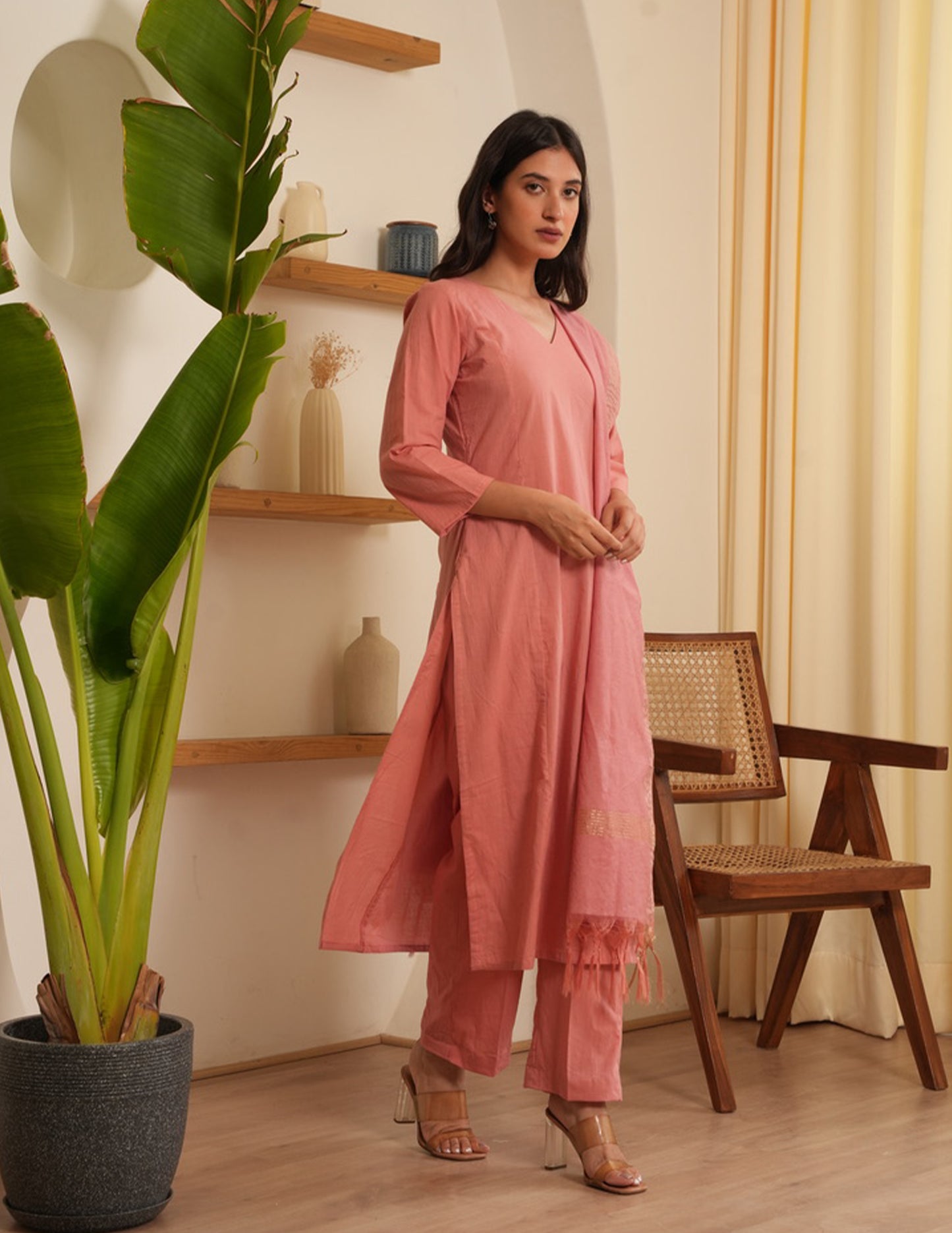 Gia Peach Cotton Straight Suit Set