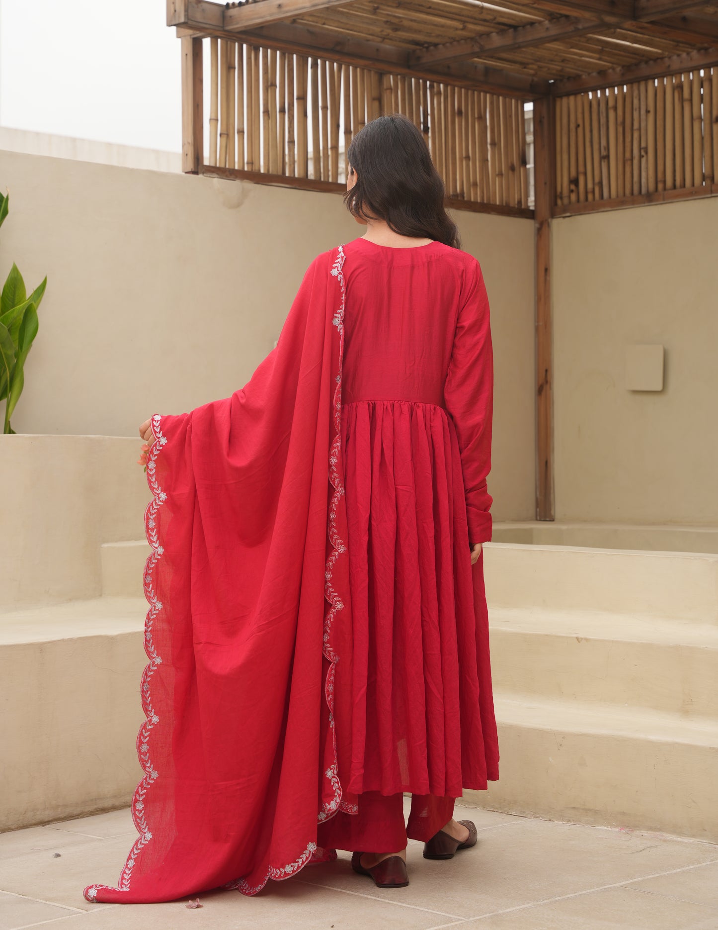 Red Chanderi Aari Embroidered Suit Set