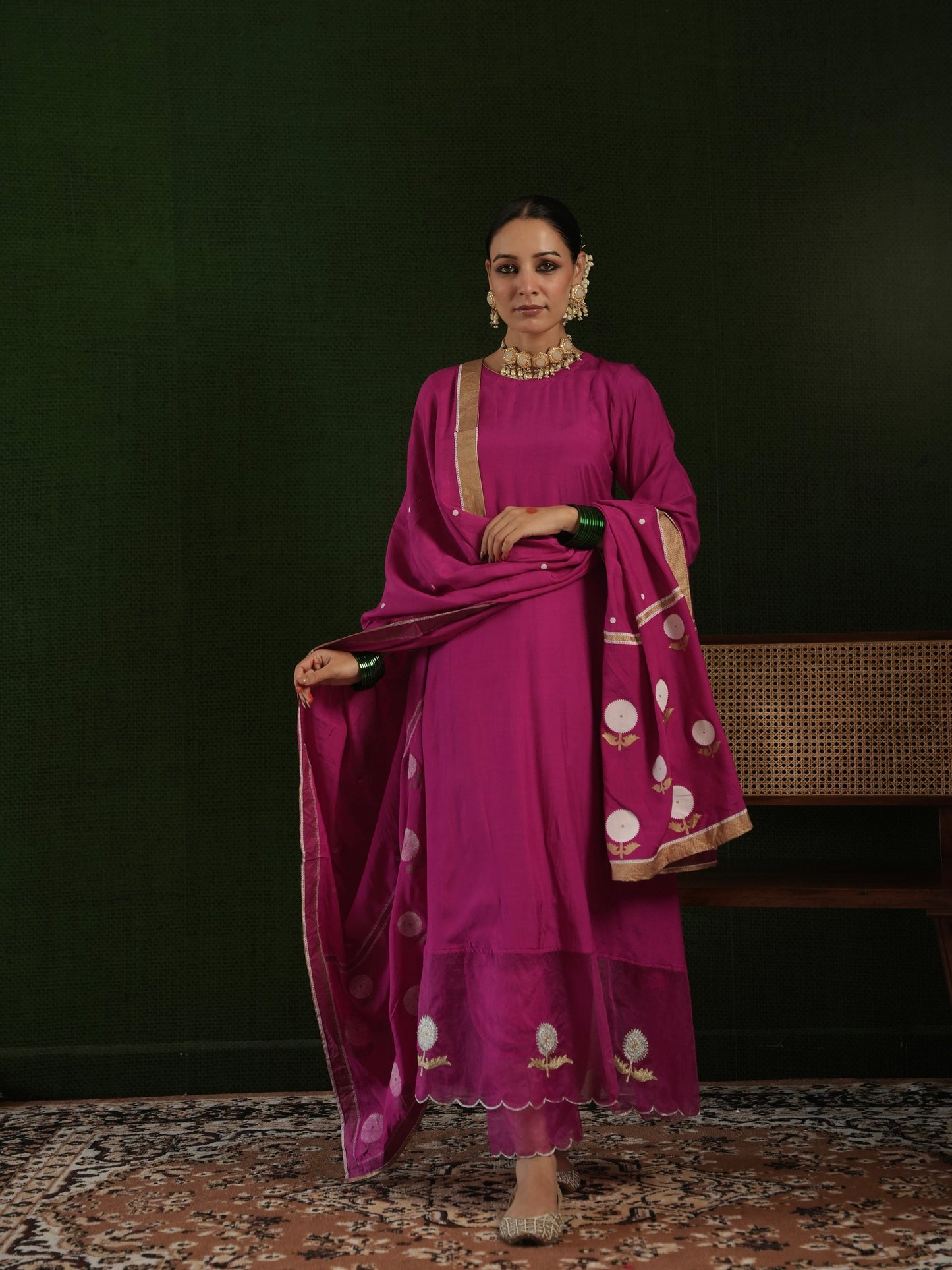 CHAAND DARK PINK MASLIN EMBROIDERY SUIT SET WITH BLOCKPRINT DUPATTA