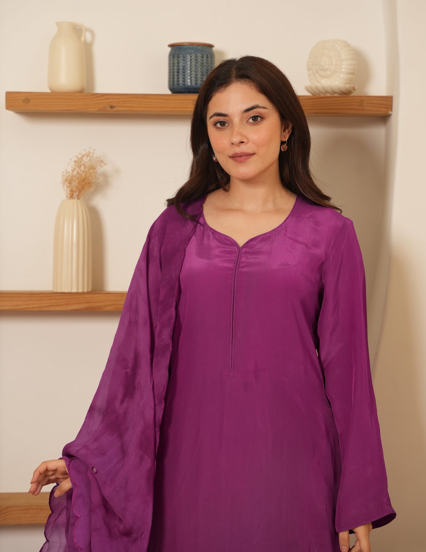 Purple Silk Shibori Mirror Work Staright Suit Set