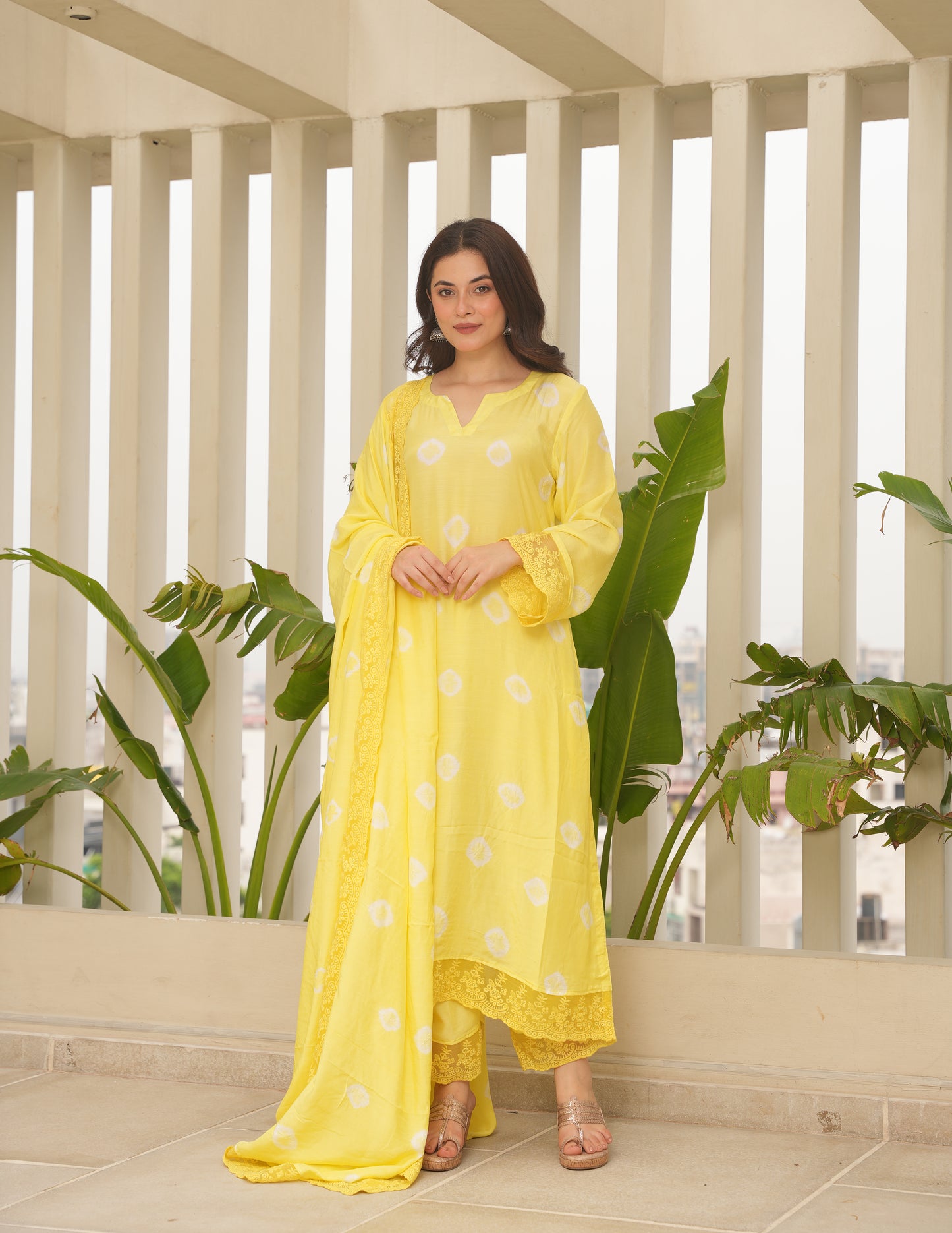 Yellow Maslin Bandhej Suit Set