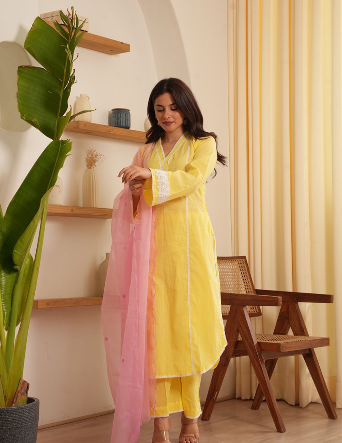 Heaven Yellow Cotton Staright Suit Set