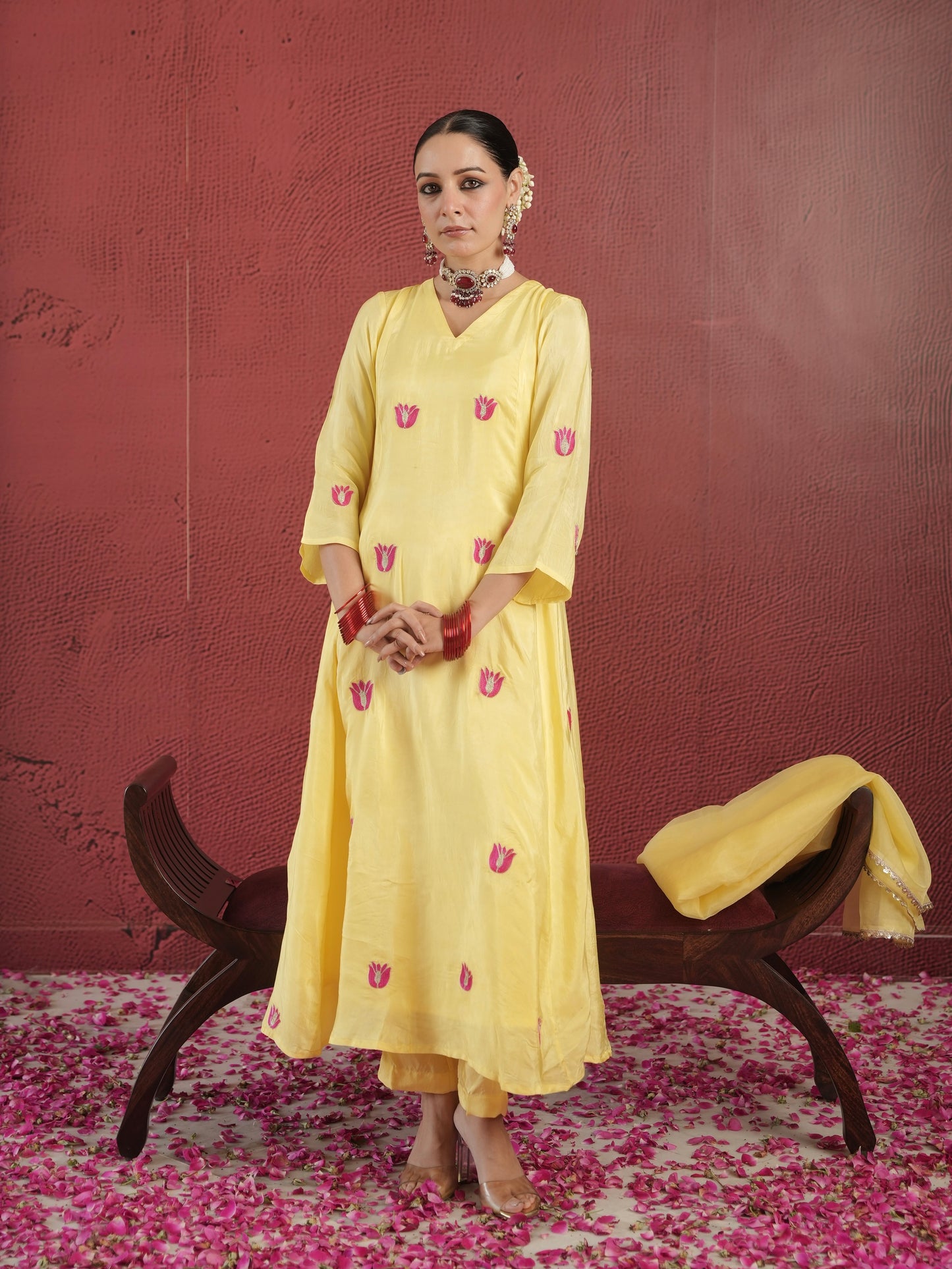 CHAAND YELLOW SILK AARI EMBROIDERY FLORAL SUIT SET