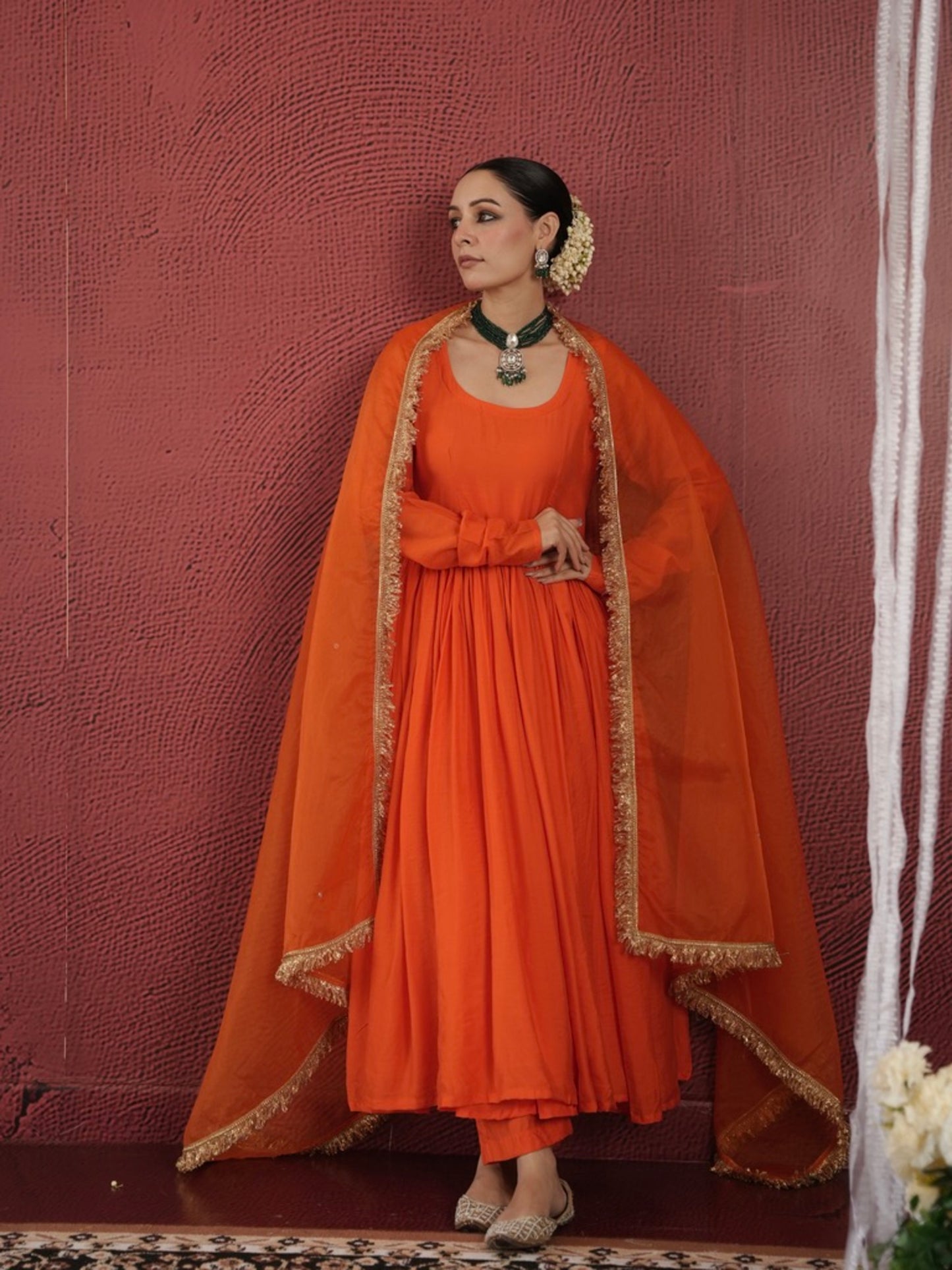 CHAAND ORANGE SILK GATHERED AARIWORK SUIT SET
