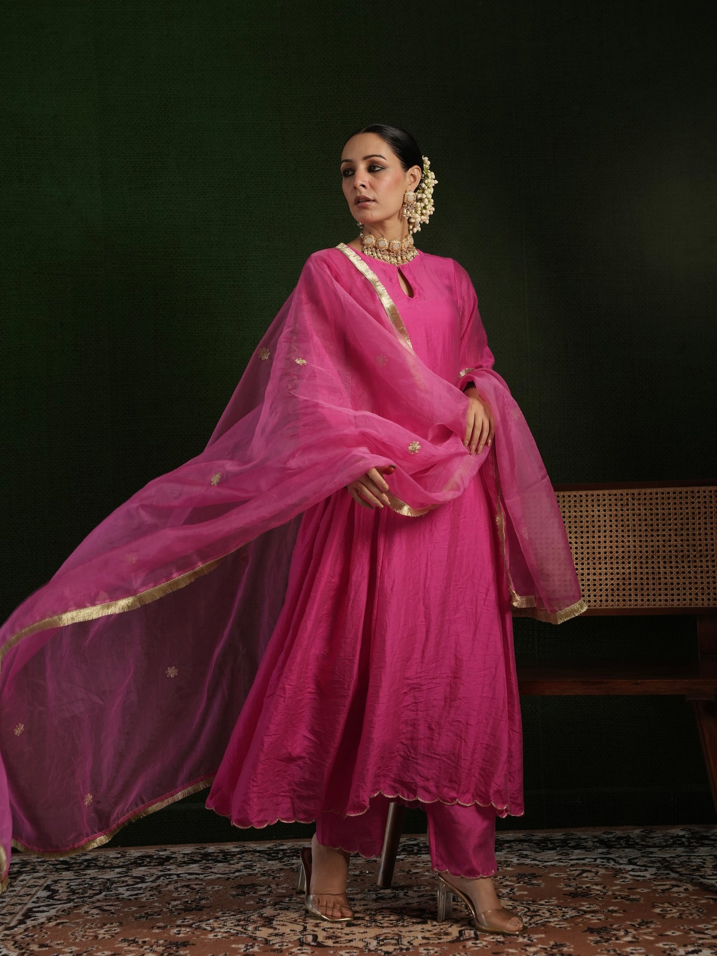 CHAAND BERRY PINK CHANDERI CUTWORK EMBROIDERED SUIT SET