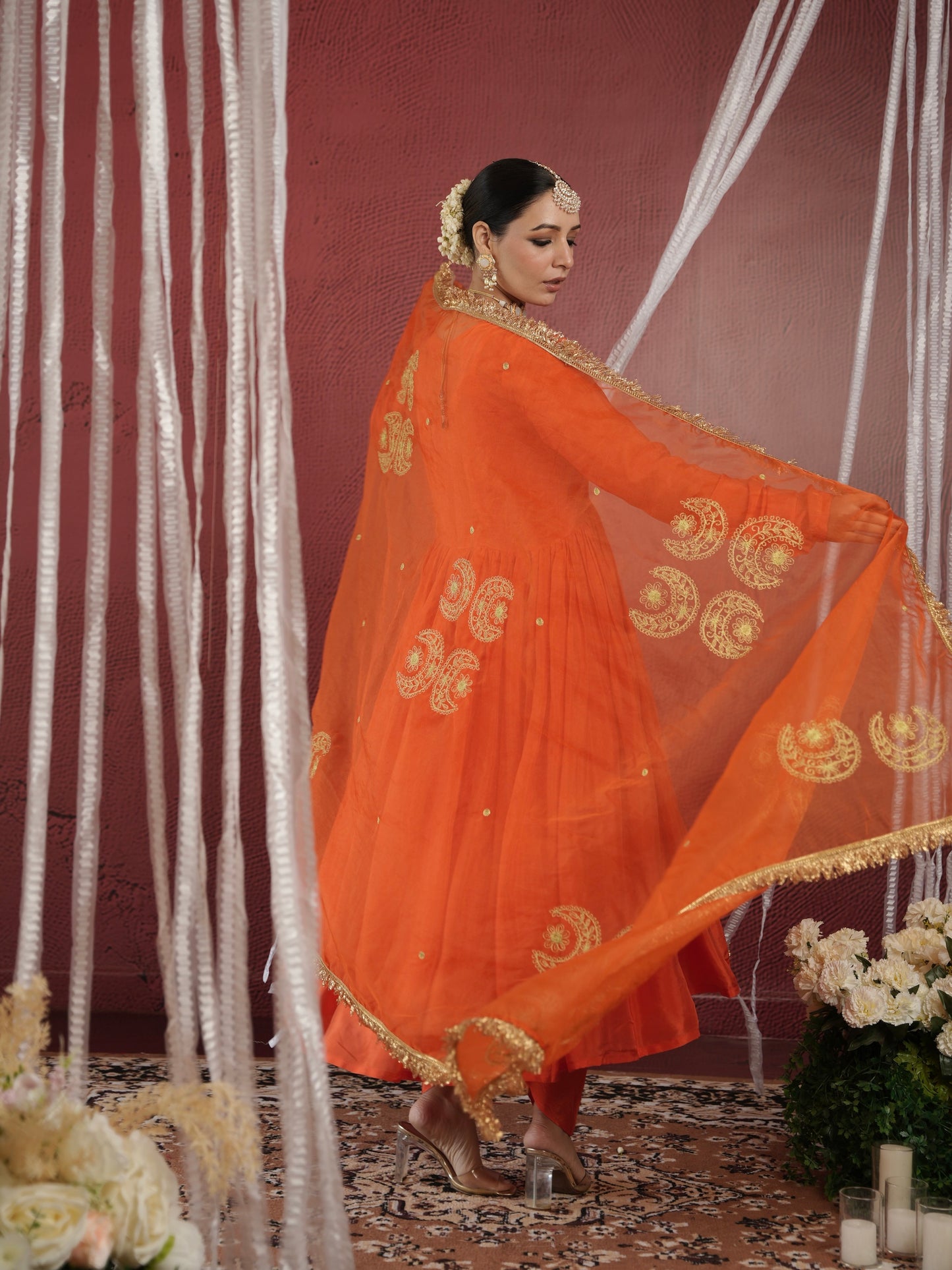 CHAAND ORANGE SILK SUIT SET WITH DHOTI BOTTOM