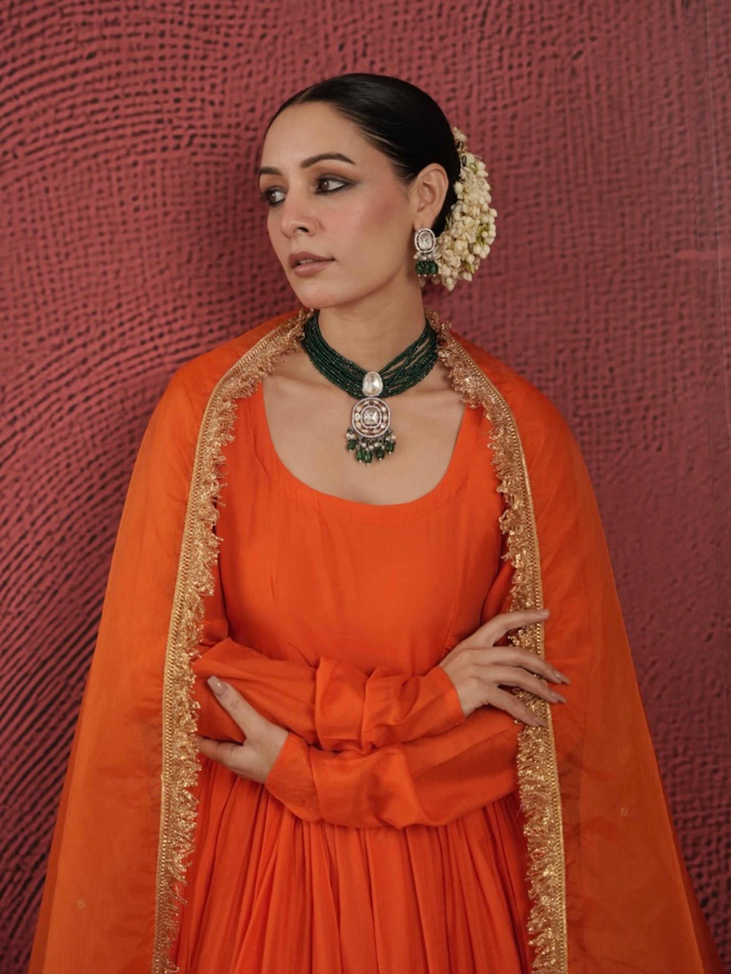 CHAAND ORANGE SILK GATHERED AARIWORK SUIT SET