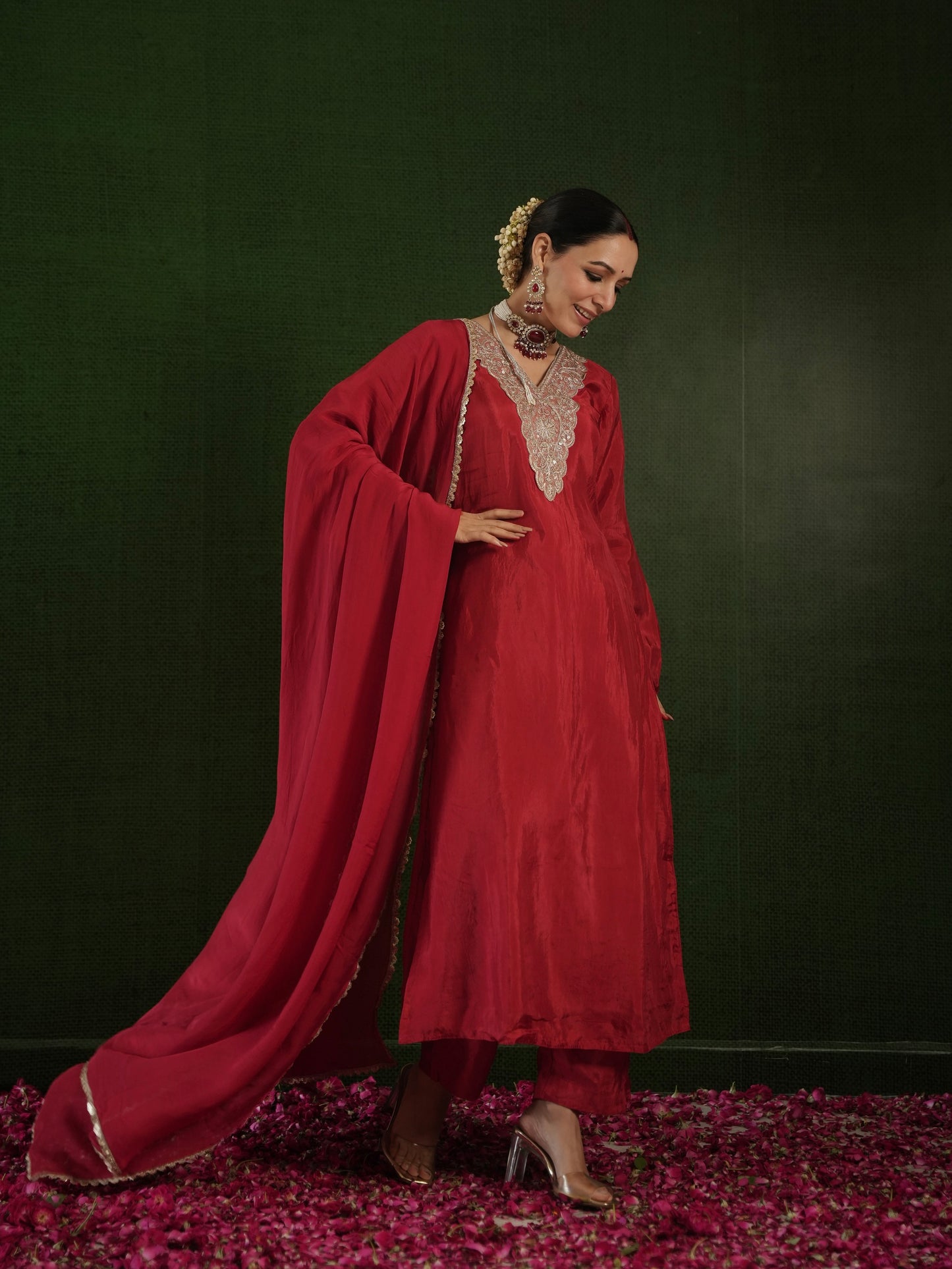 CHAAND DARK RED SILK ZARIWORK SUIT SET