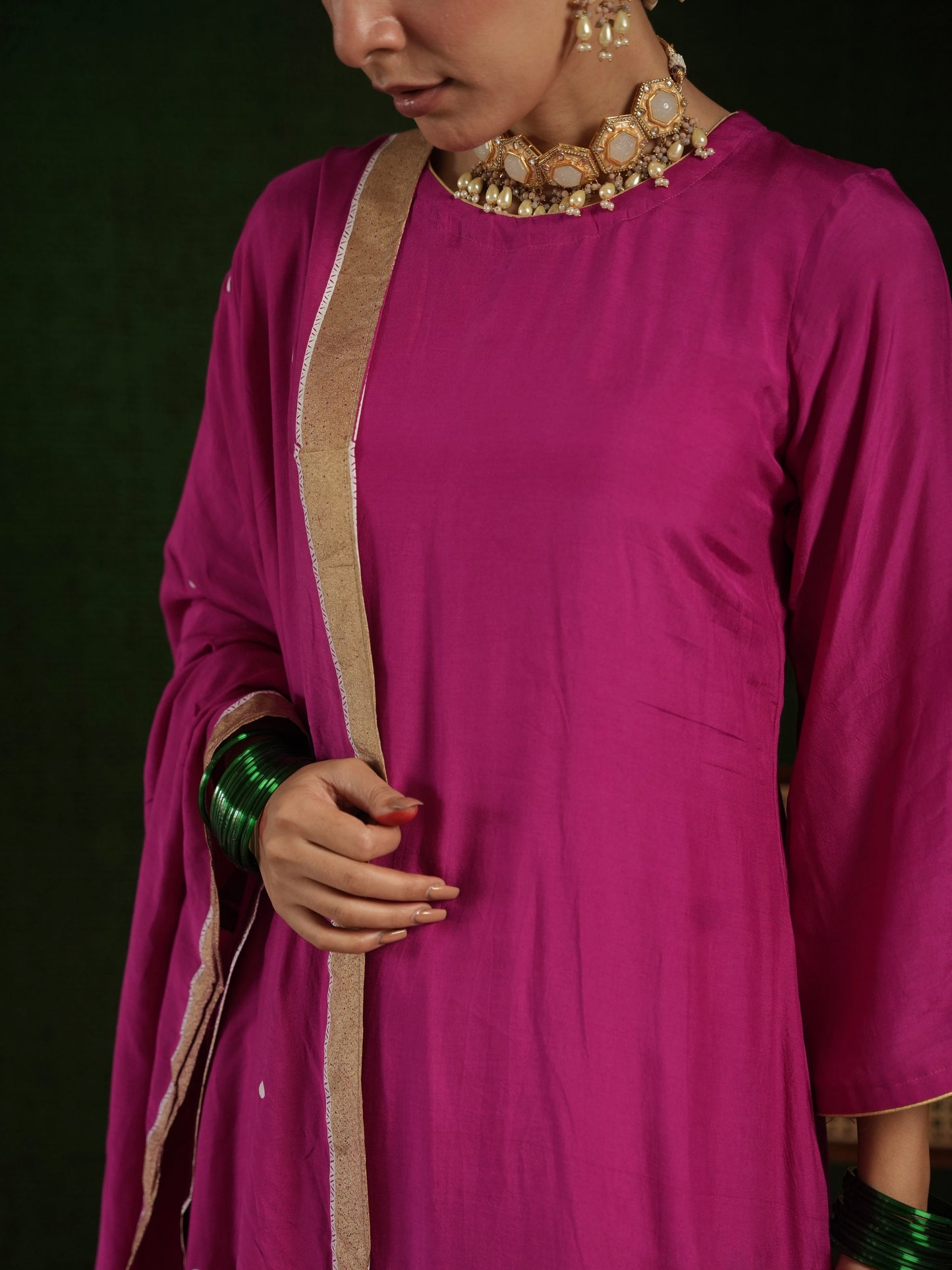 CHAAND DARK PINK MASLIN EMBROIDERY SUIT SET WITH BLOCKPRINT DUPATTA