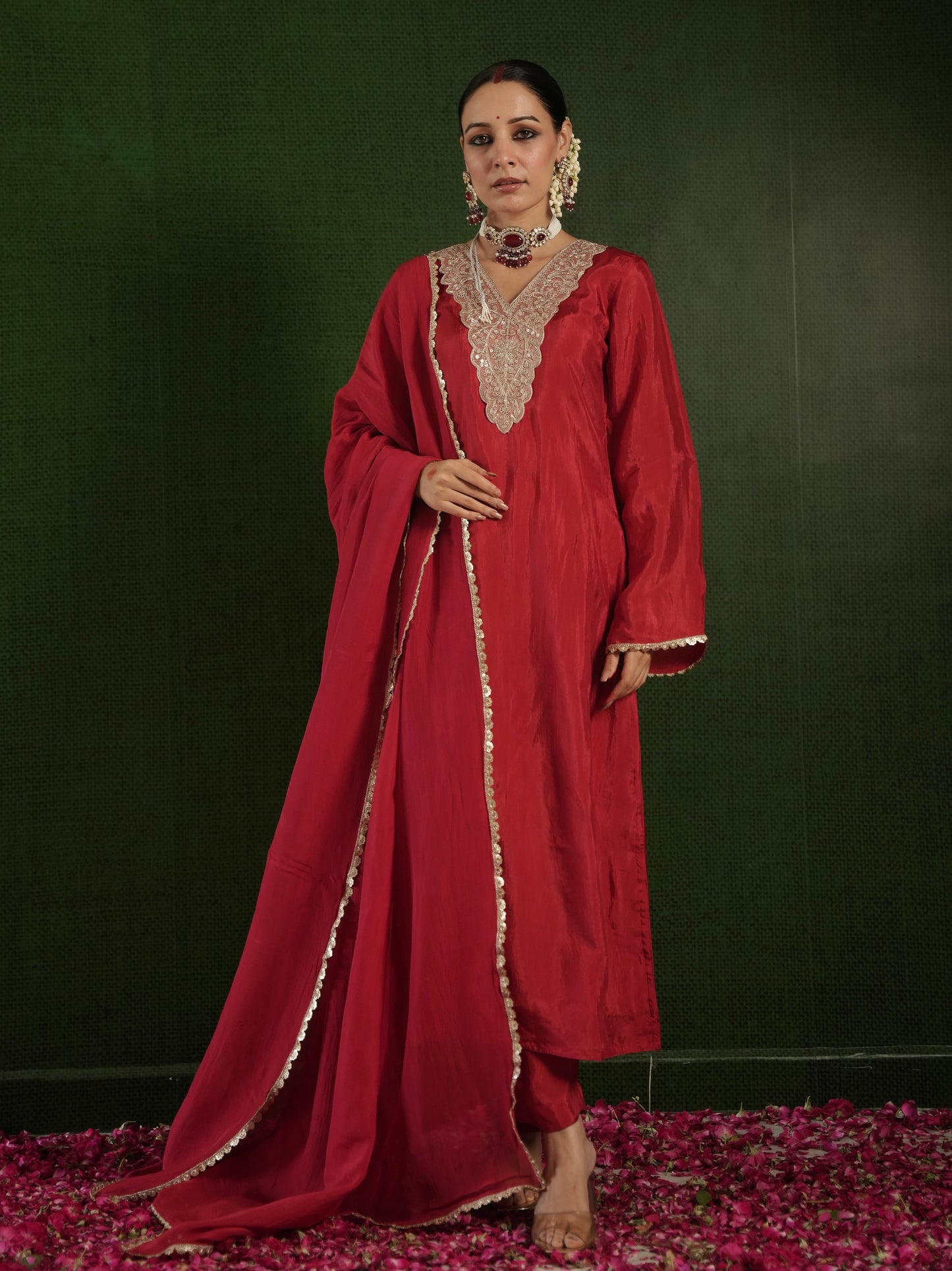 CHAAND DARK RED SILK ZARIWORK SUIT SET