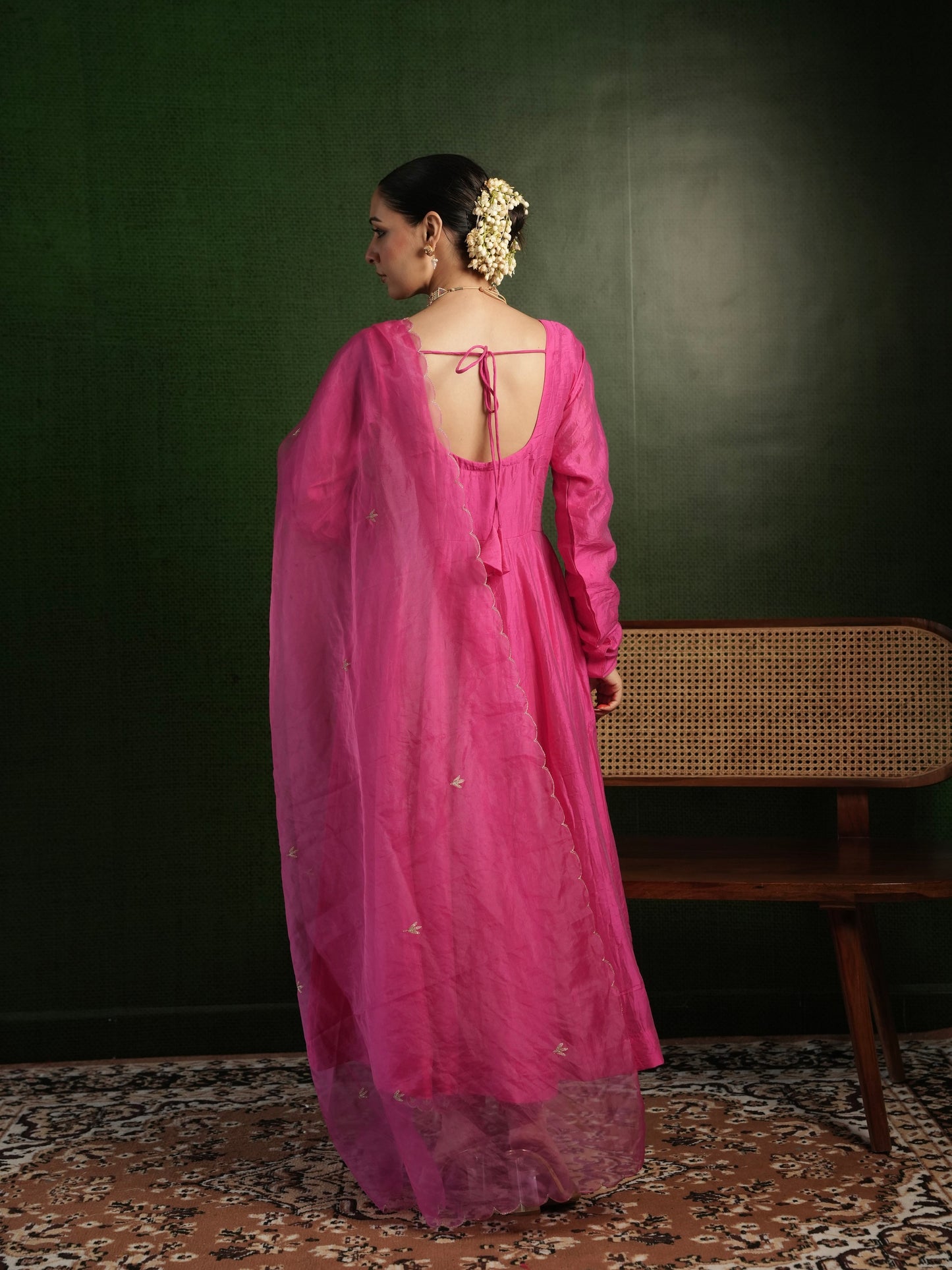 CHAAND FUCHSIA PINK CHANDERI AARI WORK WITH HEAVY BOTTOM SUIT SET