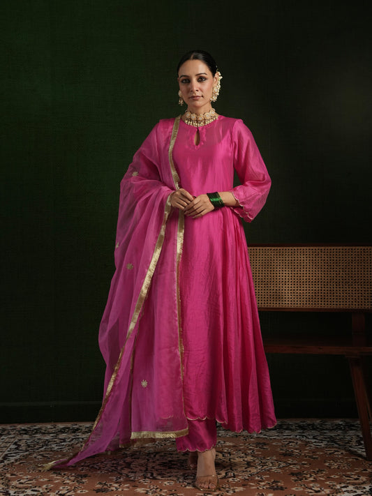 CHAAND BERRY PINK CHANDERI CUTWORK EMBROIDERED SUIT SET