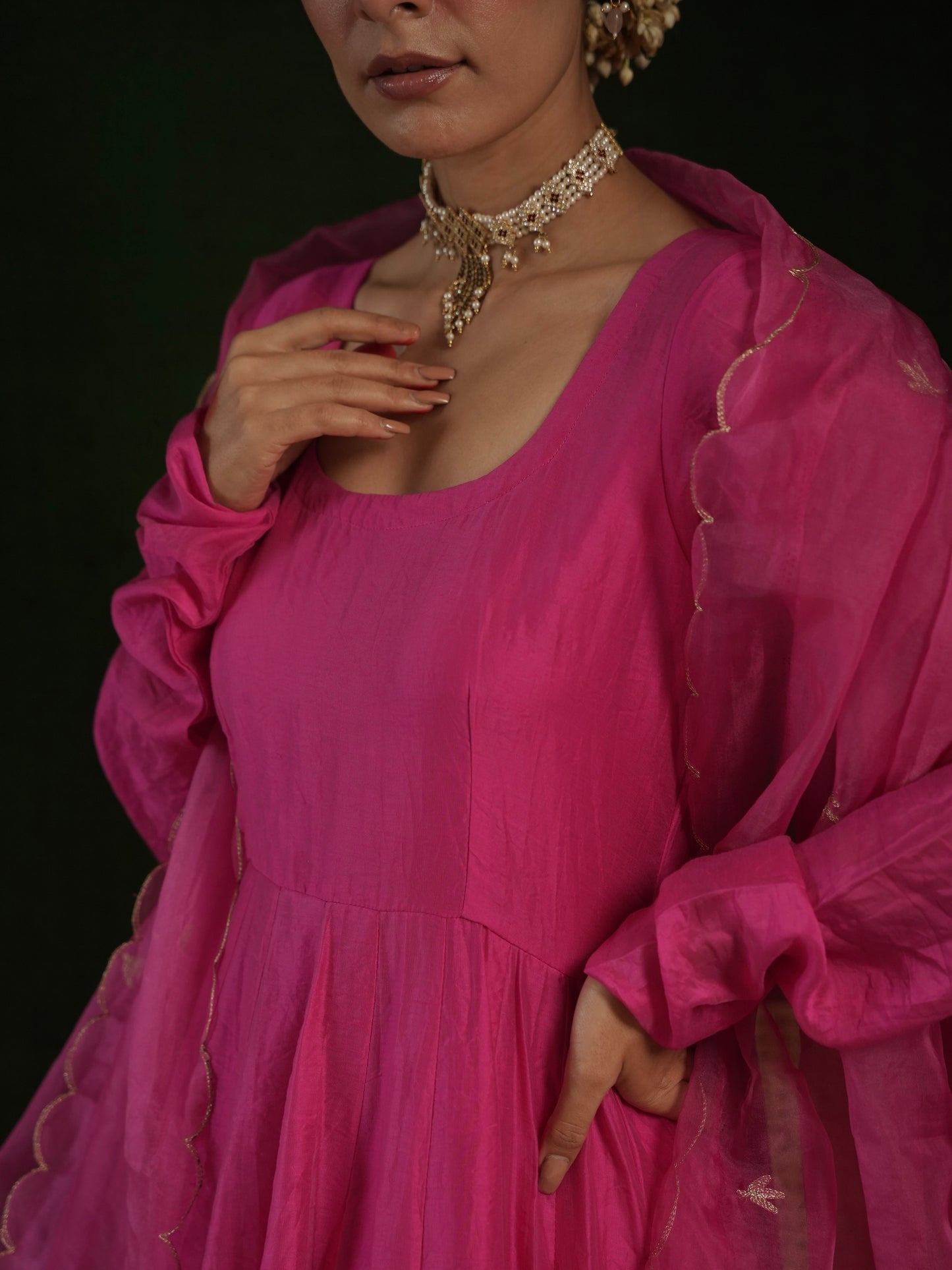 CHAAND FUCHSIA PINK CHANDERI AARI WORK WITH HEAVY BOTTOM SUIT SET