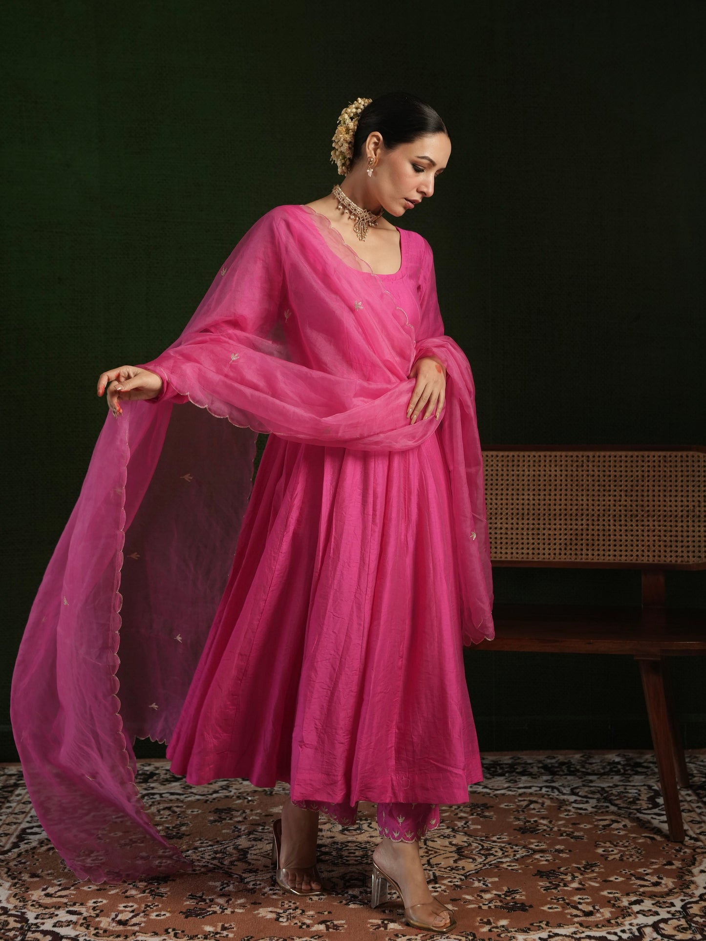 CHAAND FUCHSIA PINK CHANDERI AARI WORK WITH HEAVY BOTTOM SUIT SET