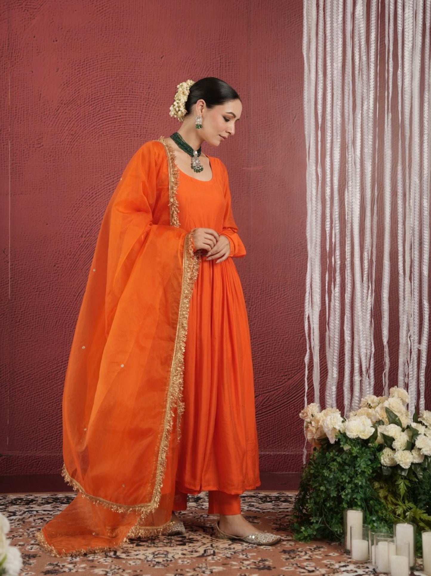 CHAAND ORANGE SILK GATHERED AARIWORK SUIT SET