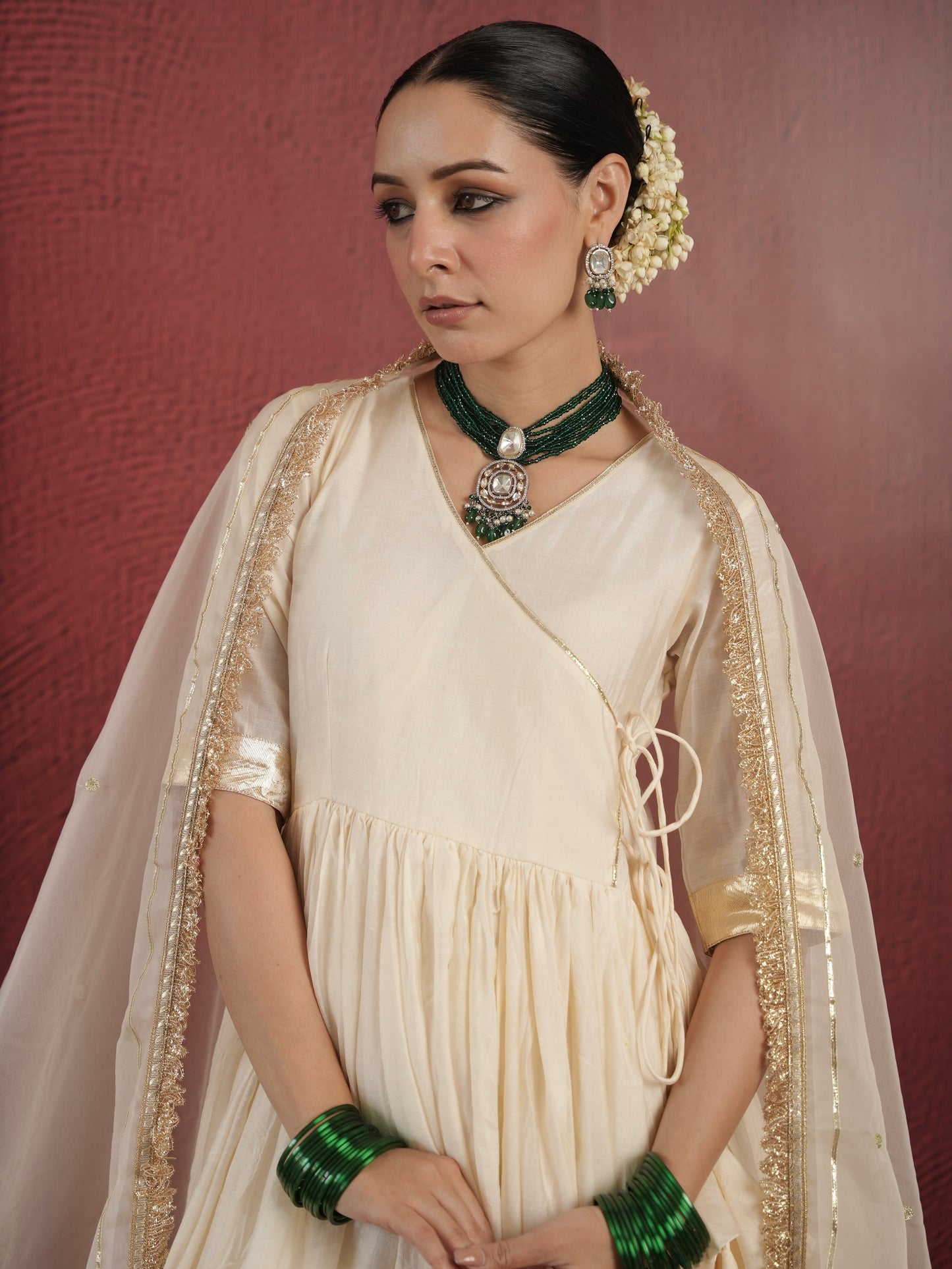 CHAAND OFF WHITE CHANDERI ANGRAKHA ZARIWORK SUIT SET