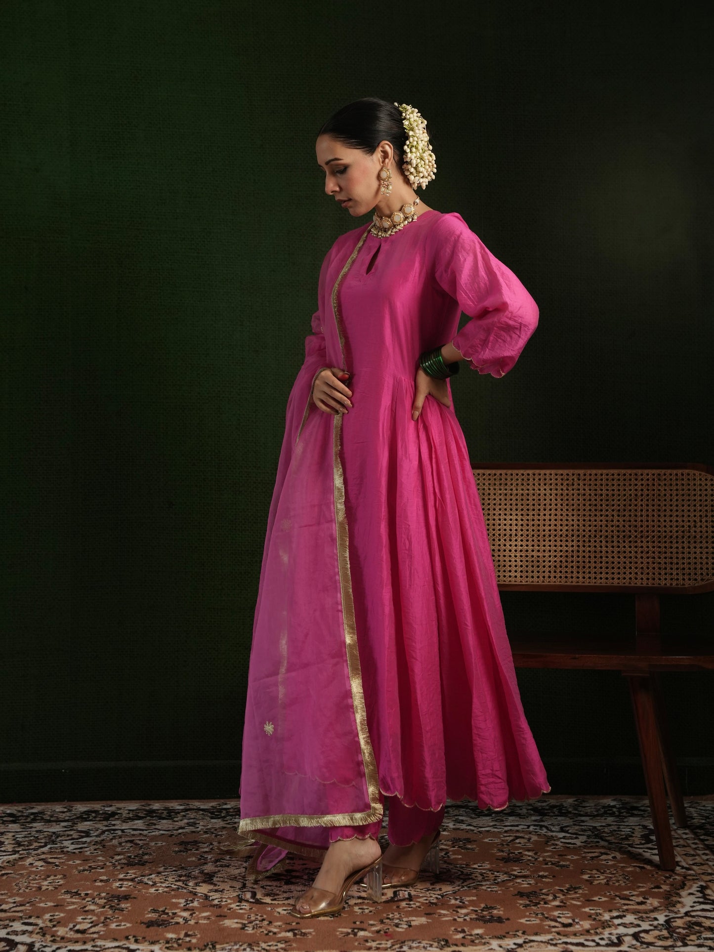 CHAAND BERRY PINK CHANDERI CUTWORK EMBROIDERED SUIT SET