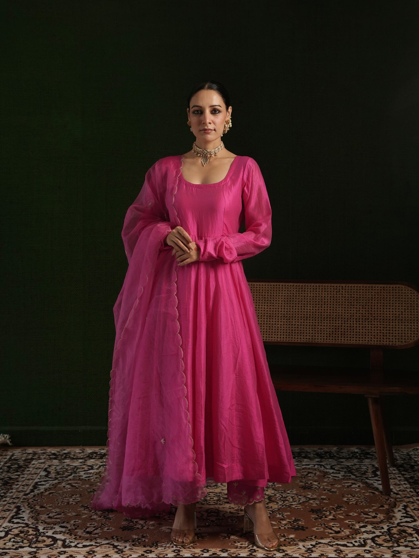 CHAAND FUCHSIA PINK CHANDERI AARI WORK WITH HEAVY BOTTOM SUIT SET