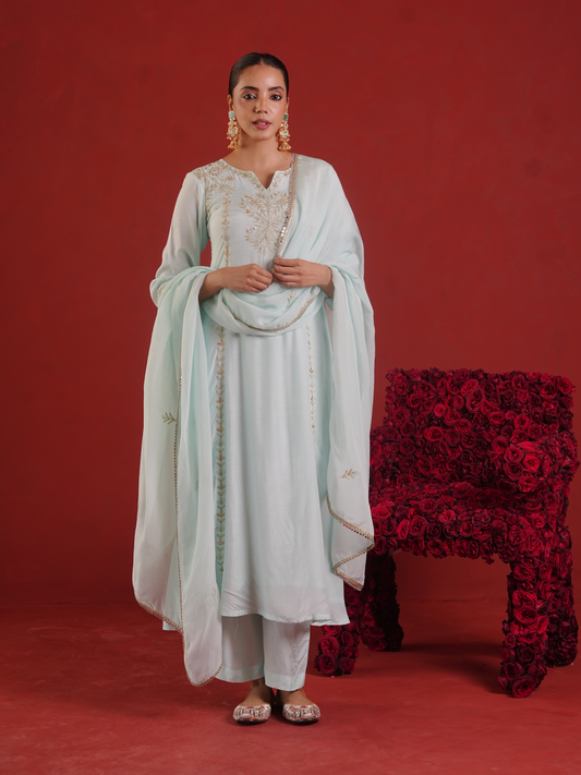 Ivory Mist Silk Zari Hand-Embroidered Kurta Set with Dupatta