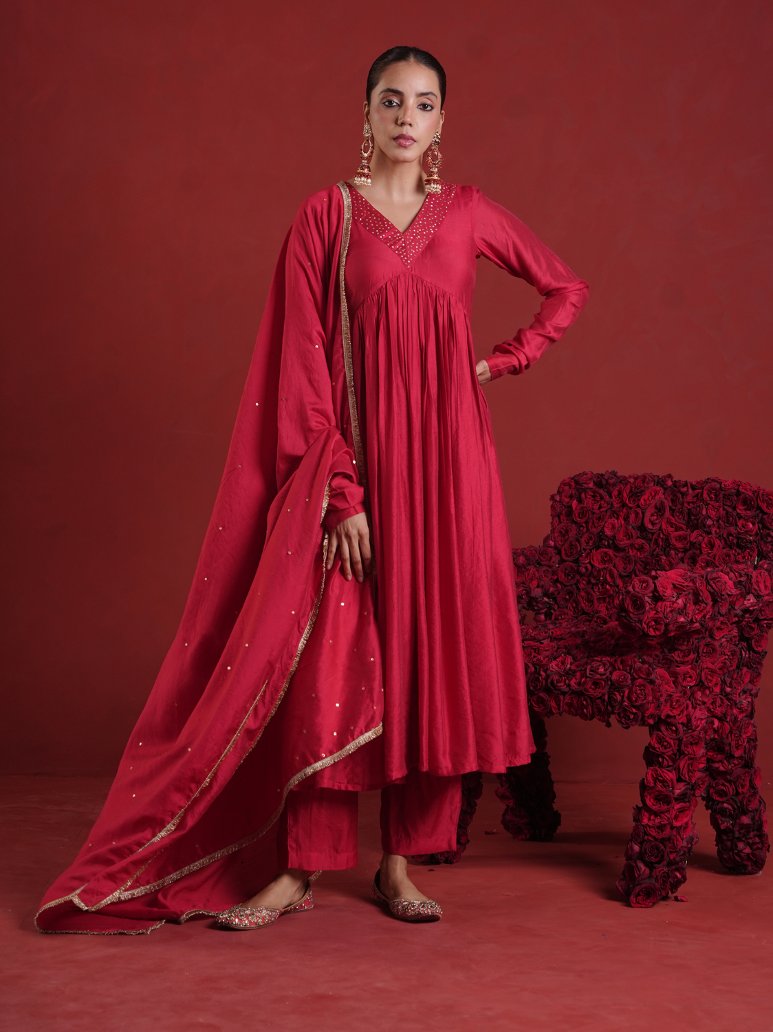 Maroon Sequin Embellished Chanderi Kurta Set with Dupatta