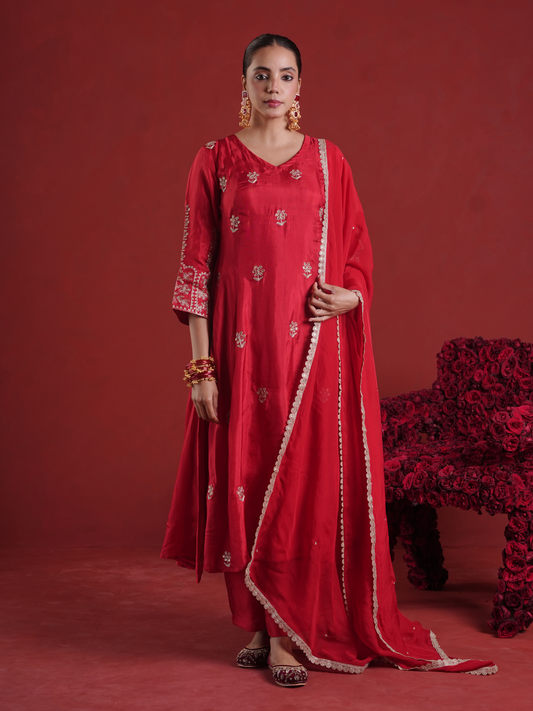 Red Silk Aari & Sequin Embroidered Silk Kurta Set with Organza Dupatta