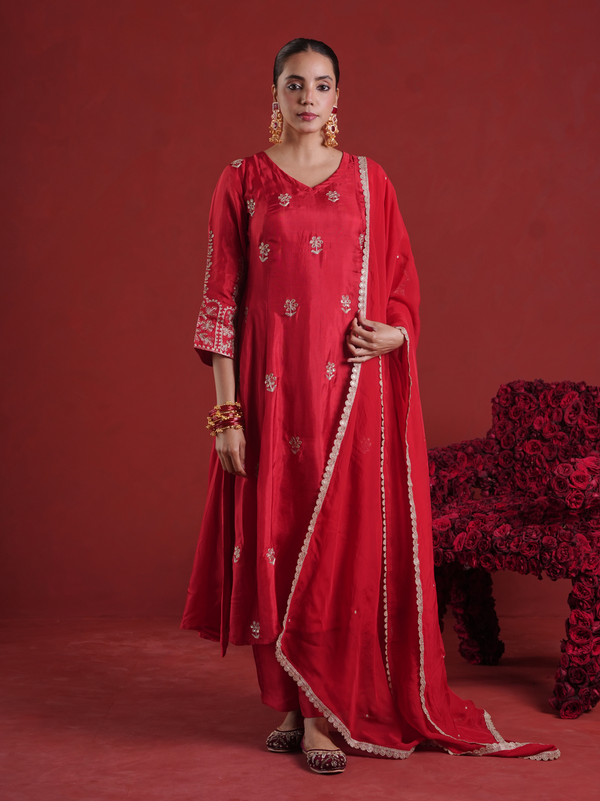 Red Silk Aari & Sequin Embroidered Silk Kurta Set with Organza Dupatta
