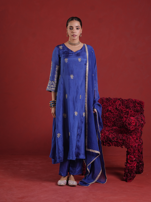 Royal Blue Aari & Sequin Embroidered Silk Kurta Set with Organza Dupatta