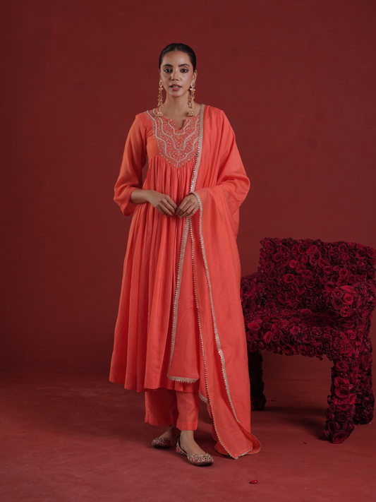 Orange Chanderi Zari Hand-Embroidered Kurta Set with Dupatta
