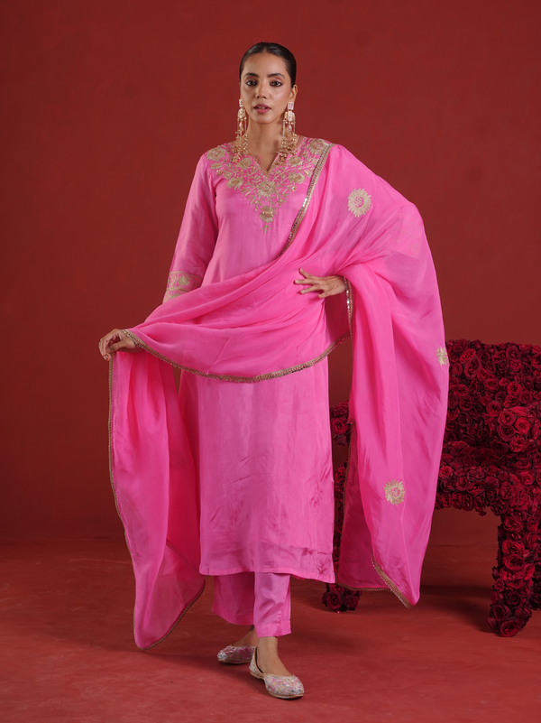 Pink Zari Embroidered Silk Kurta with Dupatta