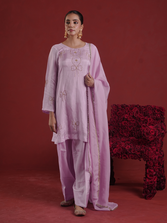 Lavender Silk Kurta With Farsi Salwar & Organza Dupatta