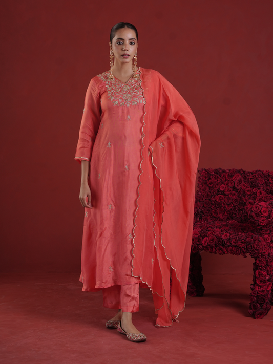 Peach Silk Kurta Set with Hand-Embellished Organza Dupatta