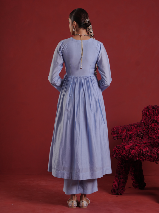 Powder Blue Zari Sequin Chanderi Gathered Kurta Set with Organza Dupatta
