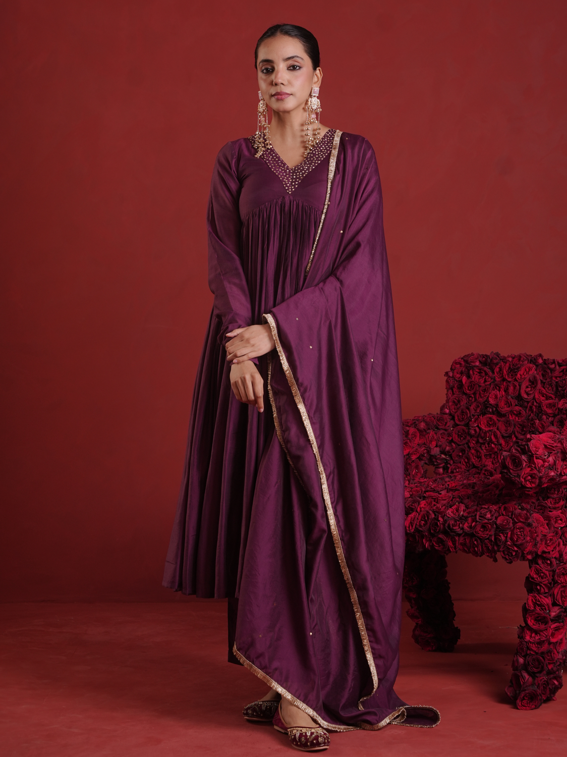 Deep Purple Sequin Embellished Chanderi Kurta Set with Dupatta