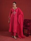 Ruby Red Pearl Embellished Chanderi Kurta Set with Organza Dupatta