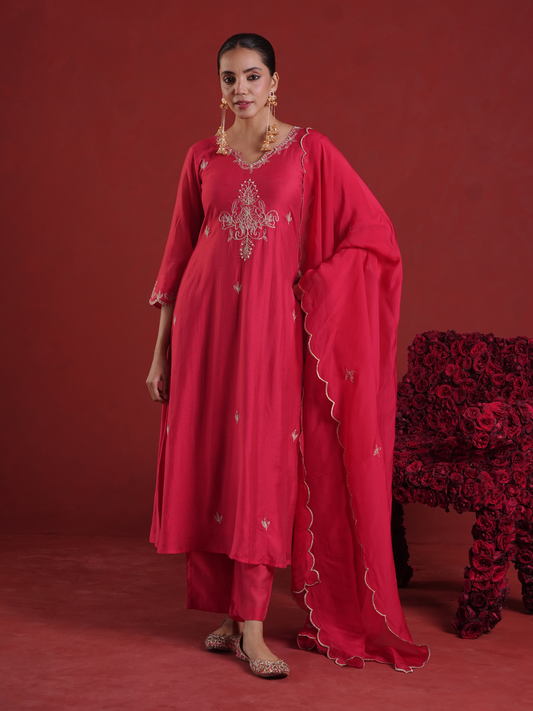 Ruby Red Pearl Embellished Chanderi Kurta Set with Organza Dupatta