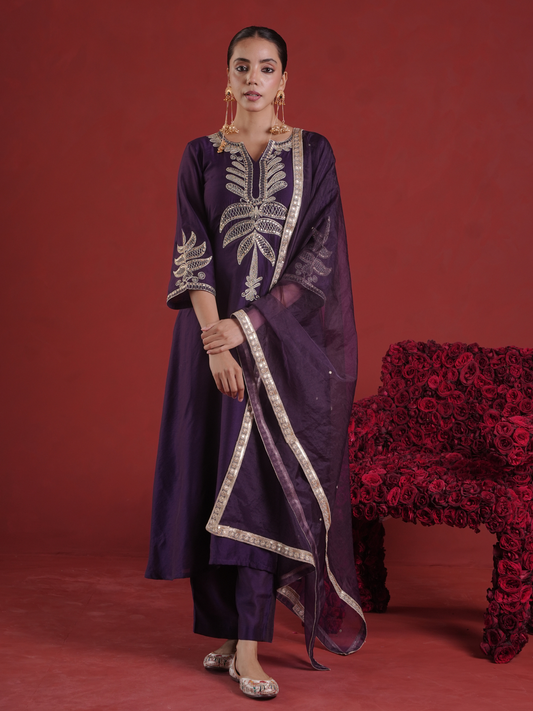 Purple Chanderi Sequin-Zari Kurta Set with Organza Dupatta