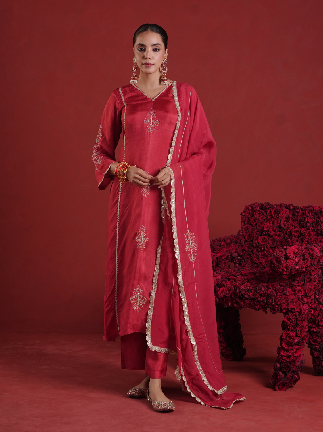 Maroon Zari Sequin Motif Silk Straight Kurta Set