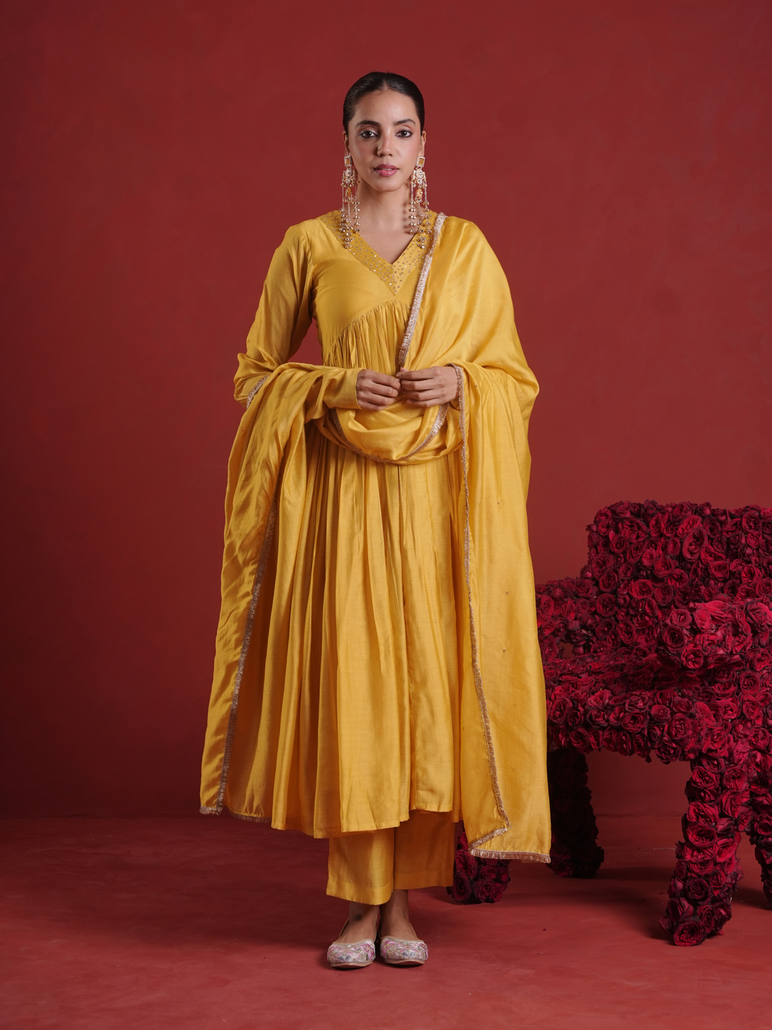 Amber Mustard Sequin Embellished Chanderi Kurta Set with Dupatta