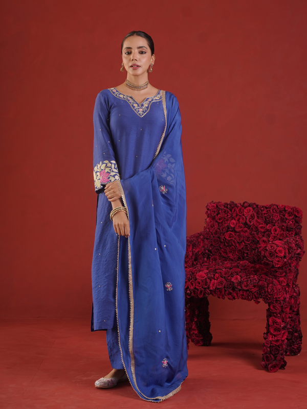 Royal Blue Chanderi Embroidered Kurta Pant Set with Organza Dupatta