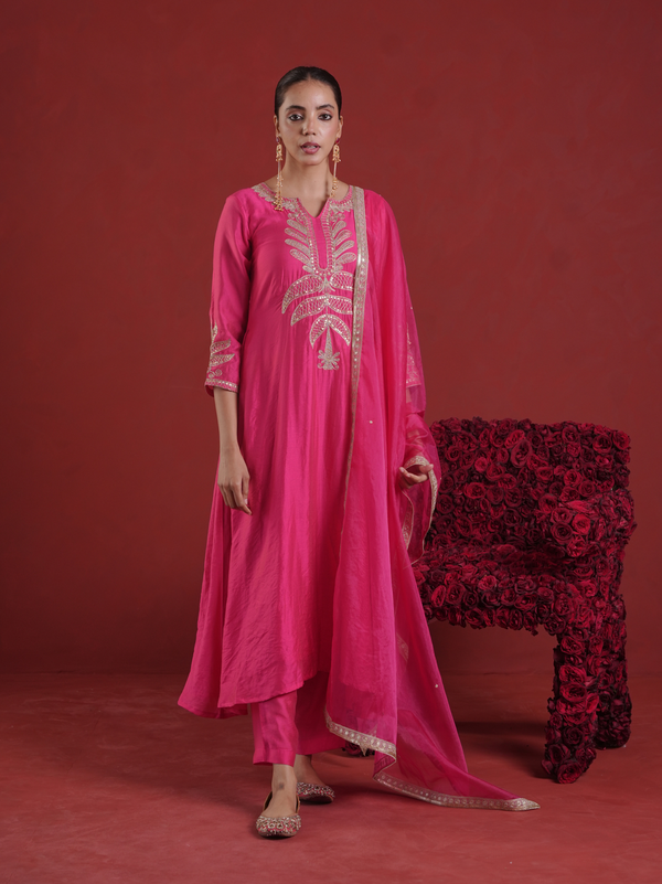 Fuchsia Pink Chanderi Sequin-Zari Kurta Set with Organza Dupatta